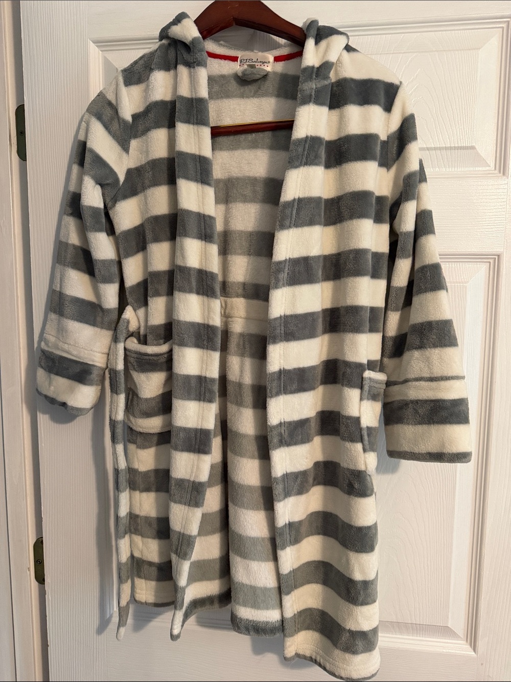 PJ Salvage Kids Hooded Fleece Robe in Gray and White Stripes